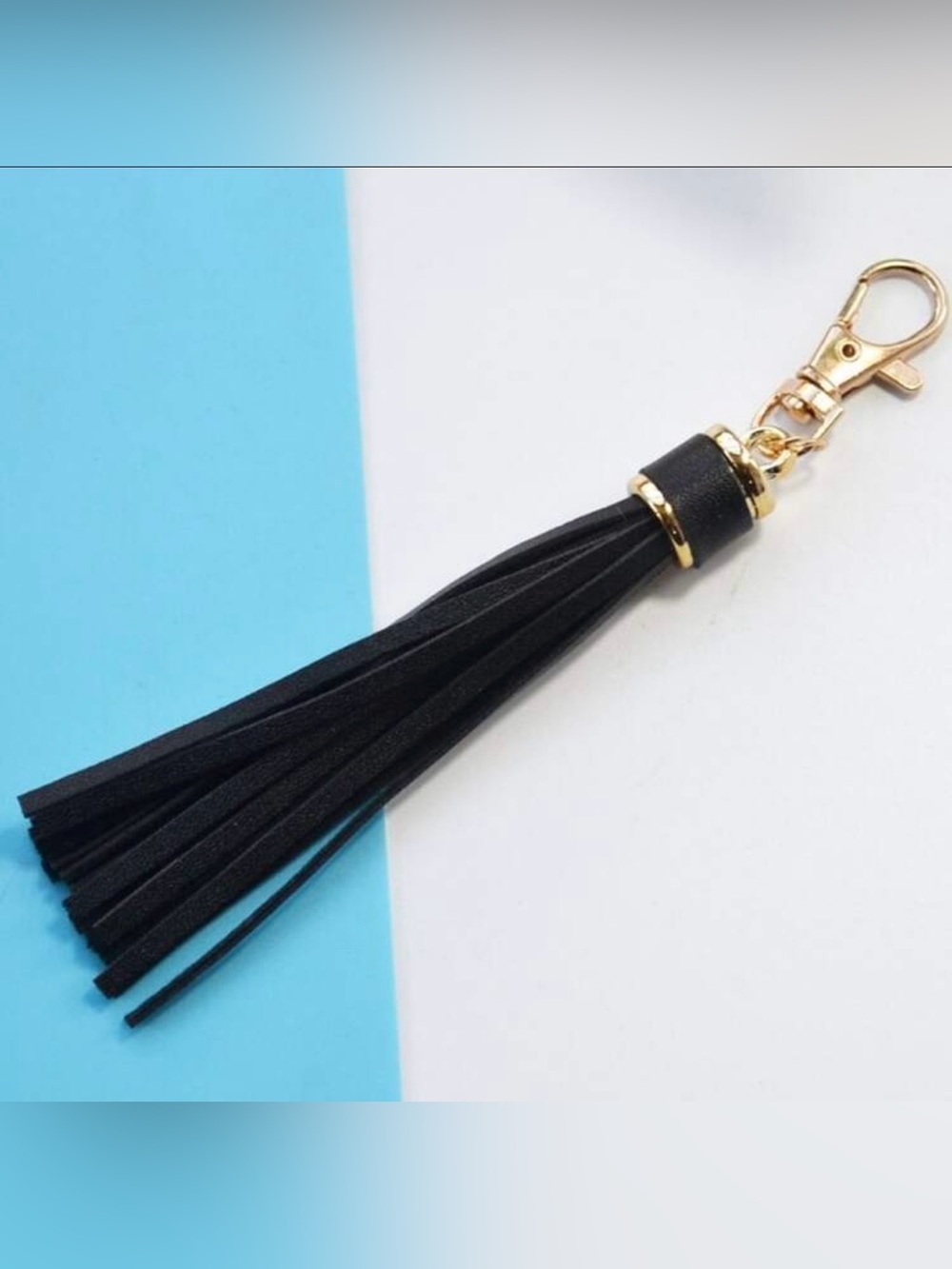 Black Faux Leather Tassel Fringe Keychain Bag Purse Charm